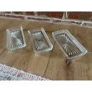 Set of 3 Vintage Clear Pressed Glass Trinket Dishes Starburst Sunburst Pattern